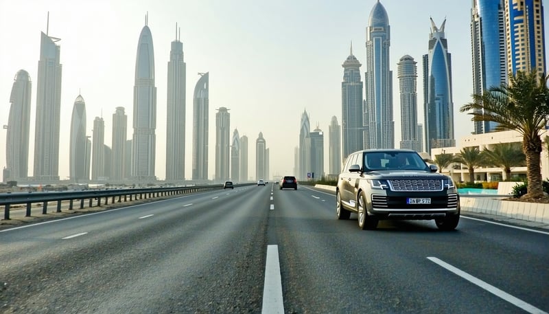 Modern travel vehicles and scenic Dubai roads Modern travel vehicles and scenic Dubai roads