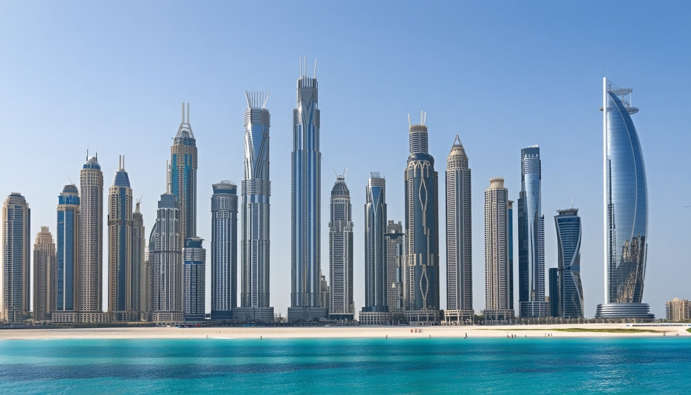 Modern Dubai skyline with famous landmarks