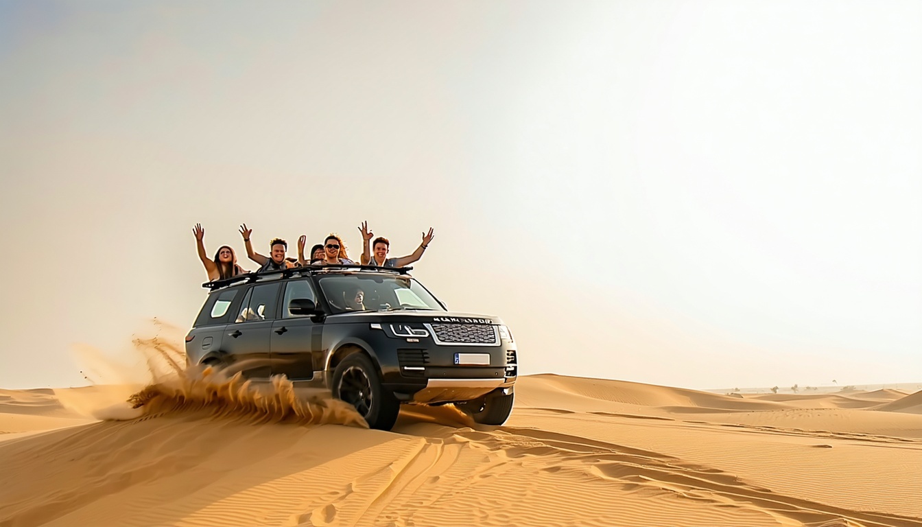 Luxury desert safari in Dubai with tourists enjoying dune bashing